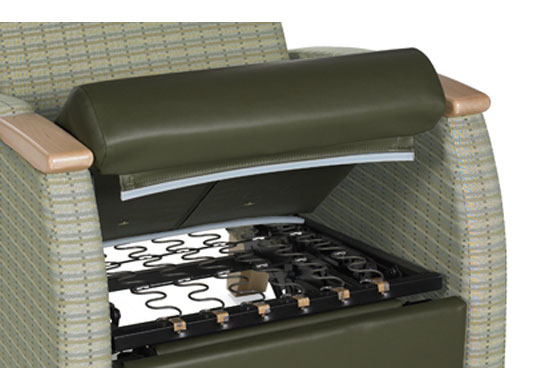Removable, zippered seat cushions allow for easy cleaning and cushion replacement on medical recliners.