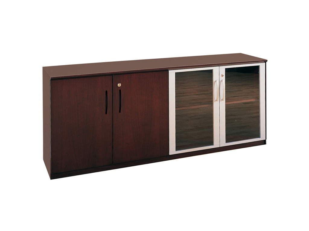 This Wood office desk from Mayline features a low wall cabinet with wood/glass door combination, which includes one adjustable shelf on each side and supports 75 pounds per shelf, evenly distributed. Sets of doors are keyed alike. This Wood office desk from Mayline features a low wall cabinet with wood/glass door combination, which includes one adjustable shelf on each side and supports 75 pounds per shelf, evenly distributed. Sets of doors are keyed alike.