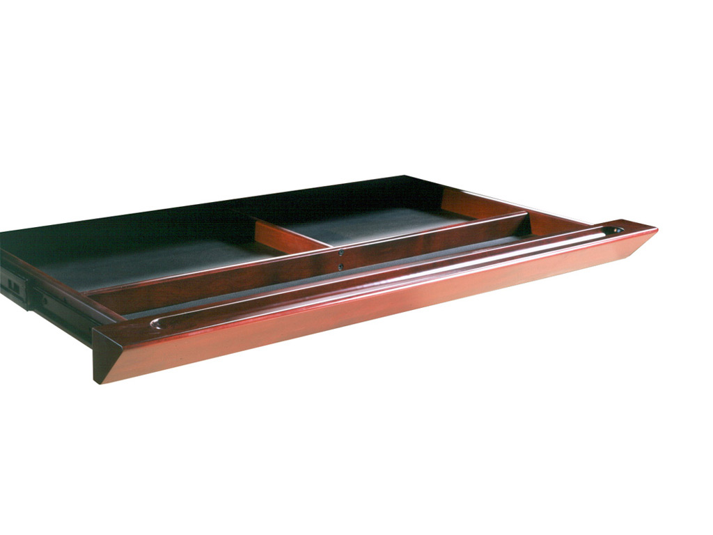The Wood office desk from Mayline pictured includes a center pullout drawer with a solid wood frame, leather inlays, and a beveled front edge to match the desk surface design. The Wood office desk from Mayline pictured includes a center pullout drawer with a solid wood frame, leather inlays, and a beveled front edge to match the desk surface design.