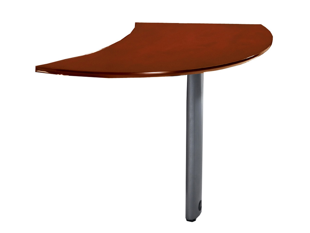 The Wood office desk from Mayline includes a curved desk extension, which creates a conference end to the desk. The hollow silver leg includes a grommet for cable management. The Wood office desk from Mayline includes a curved desk extension, which creates a conference end to the desk. The hollow silver leg includes a grommet for cable management.