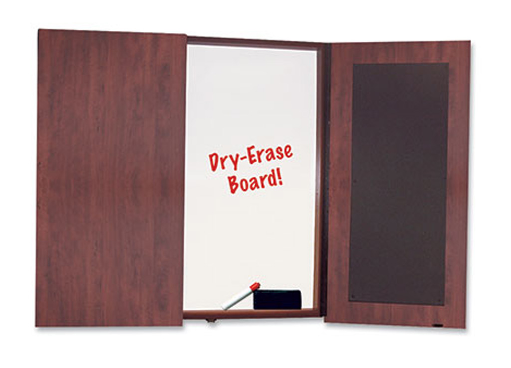 The affordable office furniture pictured includes a presentation board, which has 2 doors and tackboards on inside of each door. This board dimensions are 48"W x 48"H.