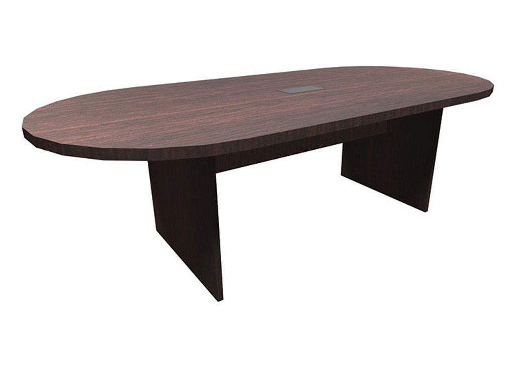 The affordable office furniture pictured includes a table, which has one piece top and one grommet. This table's length is 8'.
