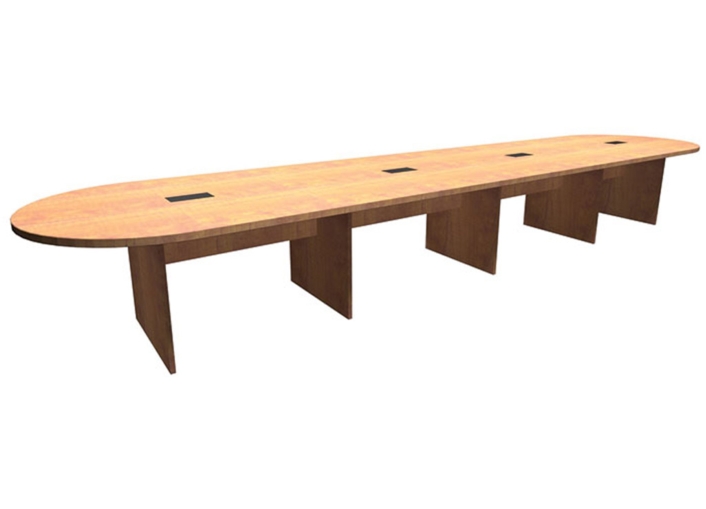 These boardroom tables from Office Source include four piece top and four grommets. This table's length is 18'.