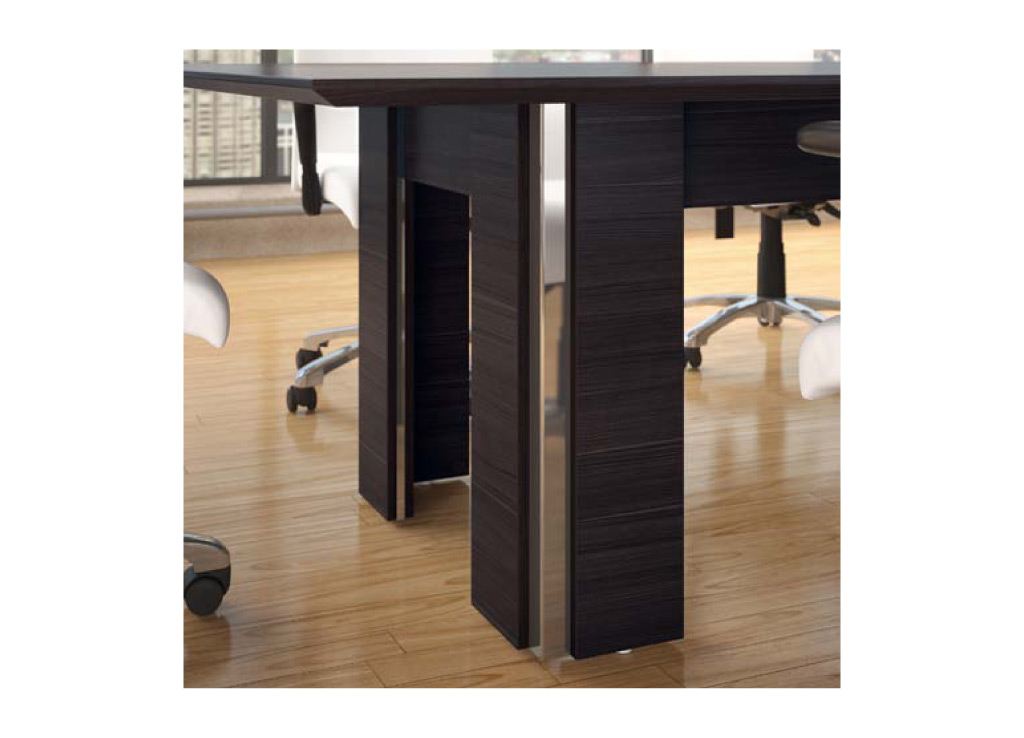The bases for the boardroom furniture from Logiflex can be customized with 7 different options, including aesthetic design, power access doors, and color accents