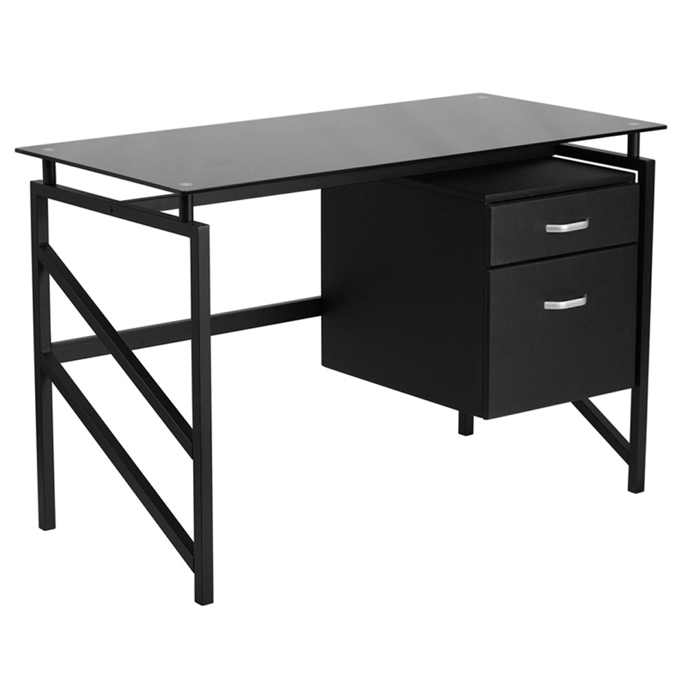 Black Glass Top Office Desk - Flynn Computer Desk For Small Spaces