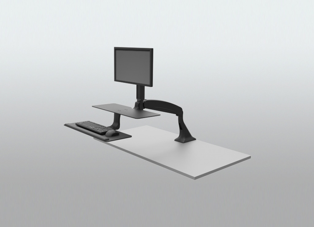 Stand Sit Desk Conversion Kit from ISE - Entire unit swings away leaving the desk surface fully accessible.