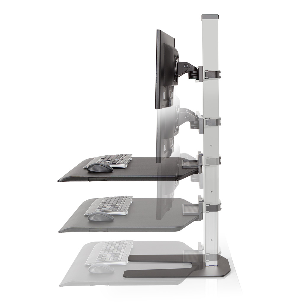 Stand Sit Desk Conversion Kit from LCD Arms - Seamless height adjustment. Features a 17" range of vertical height adjustment and a locking cylinder to keep the workstation in place. No manual adjustment needed.