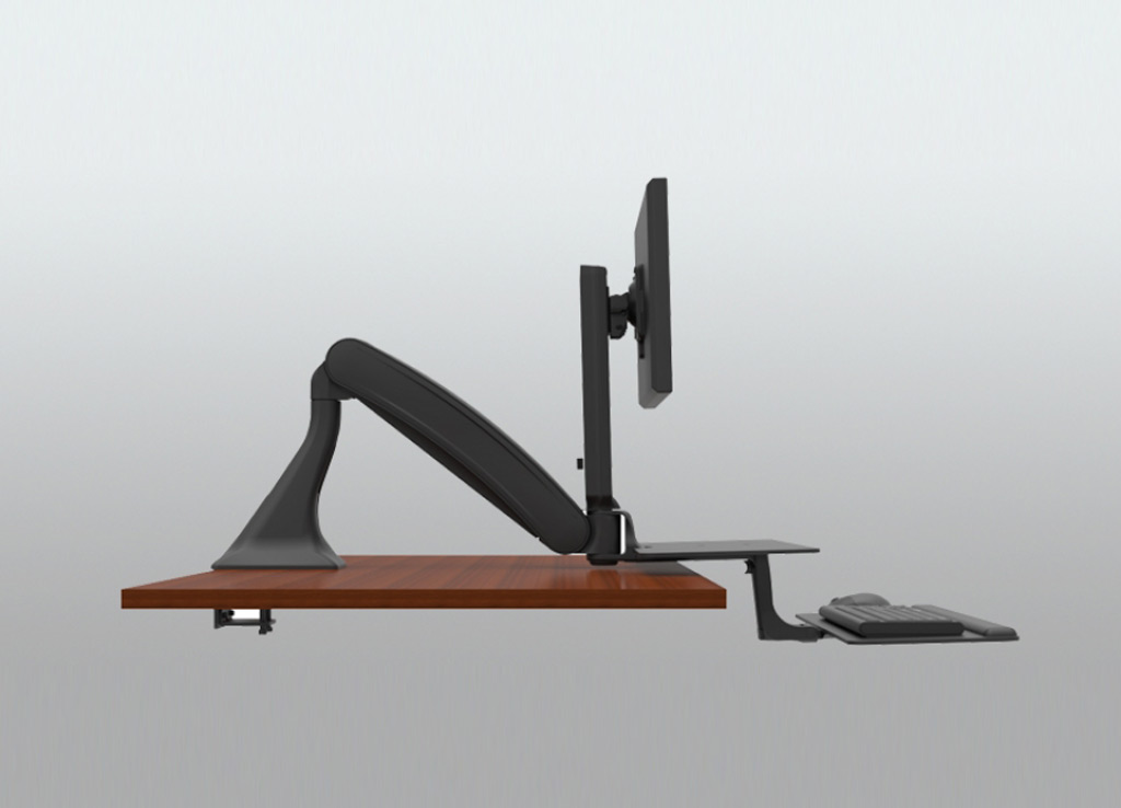Stand Sit Desk Conversion Kit from ISE - Independently adjustable keyboard tray and separate work tray. Keyboard platform has 3.3" of height adjustment as well as focal depth adjustment and negative tilt.