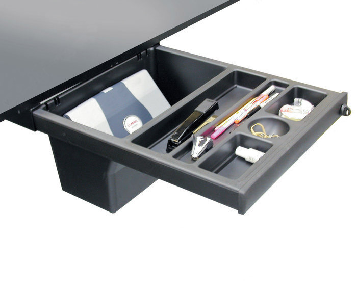 5x5 Cubicle Workstations from AIS - This lockable pelican drawer features large capacity storage bin, which is recessed for knee clearance.