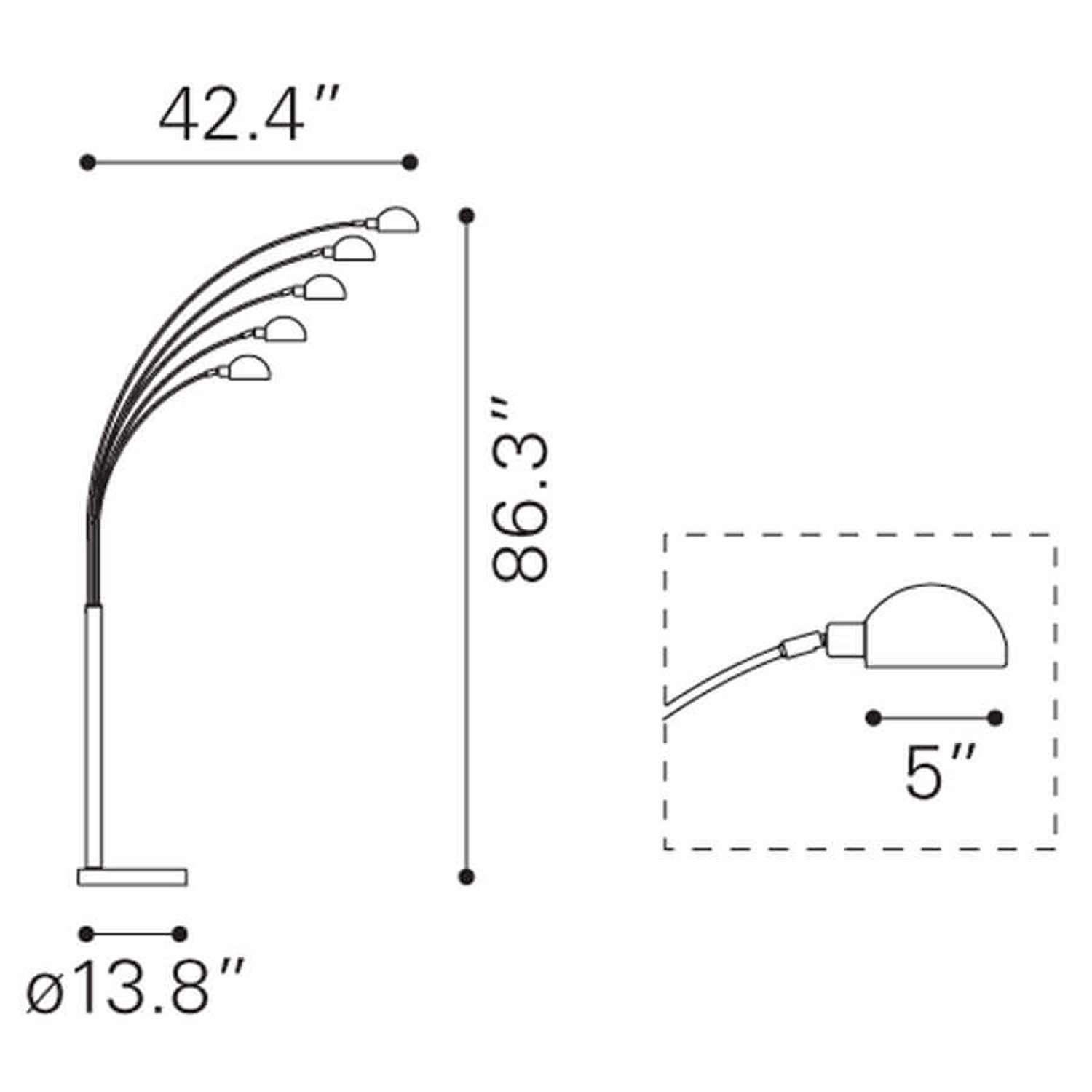 5 light floor lamp dimensions view