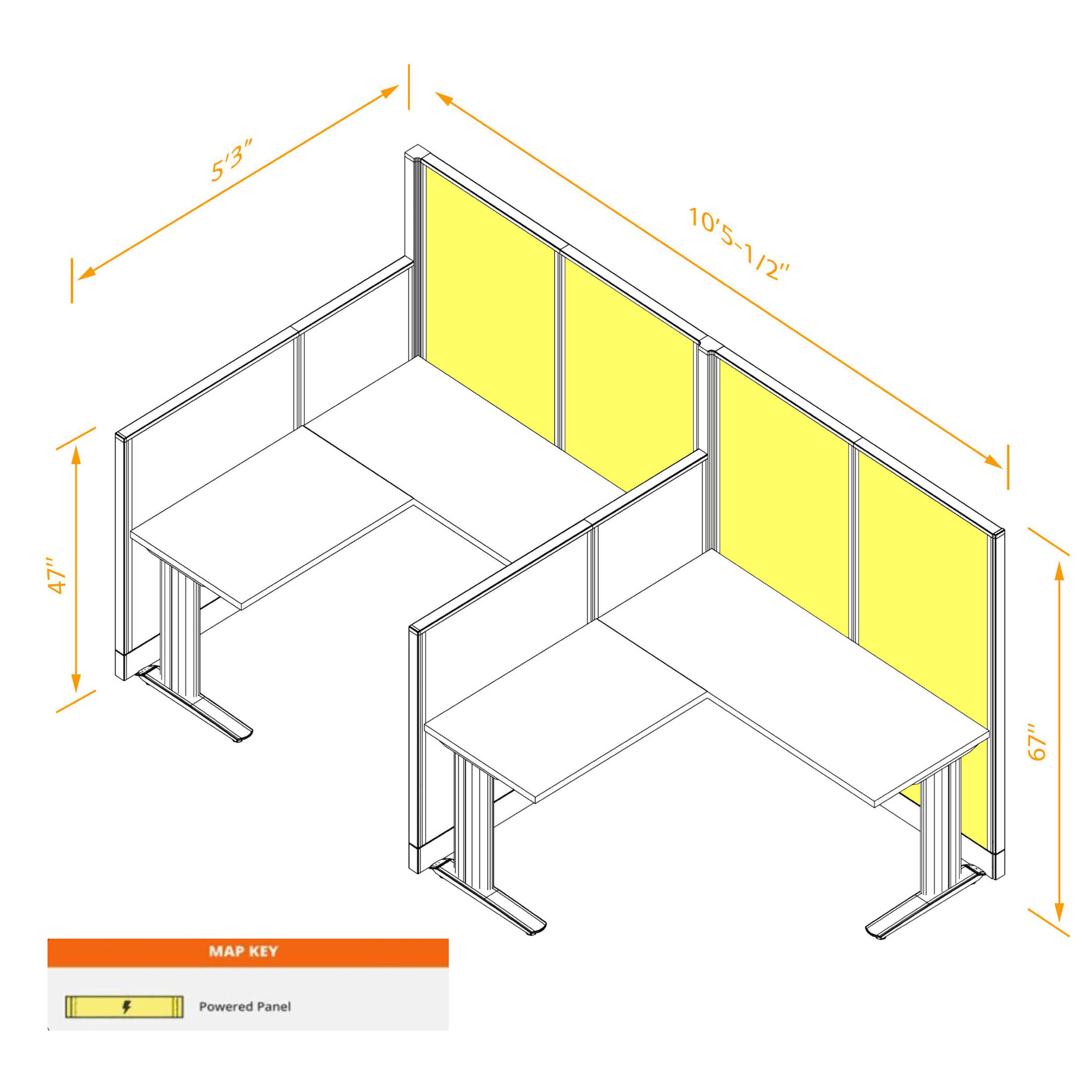 L shaped workstation 2pack inline powered dimensions