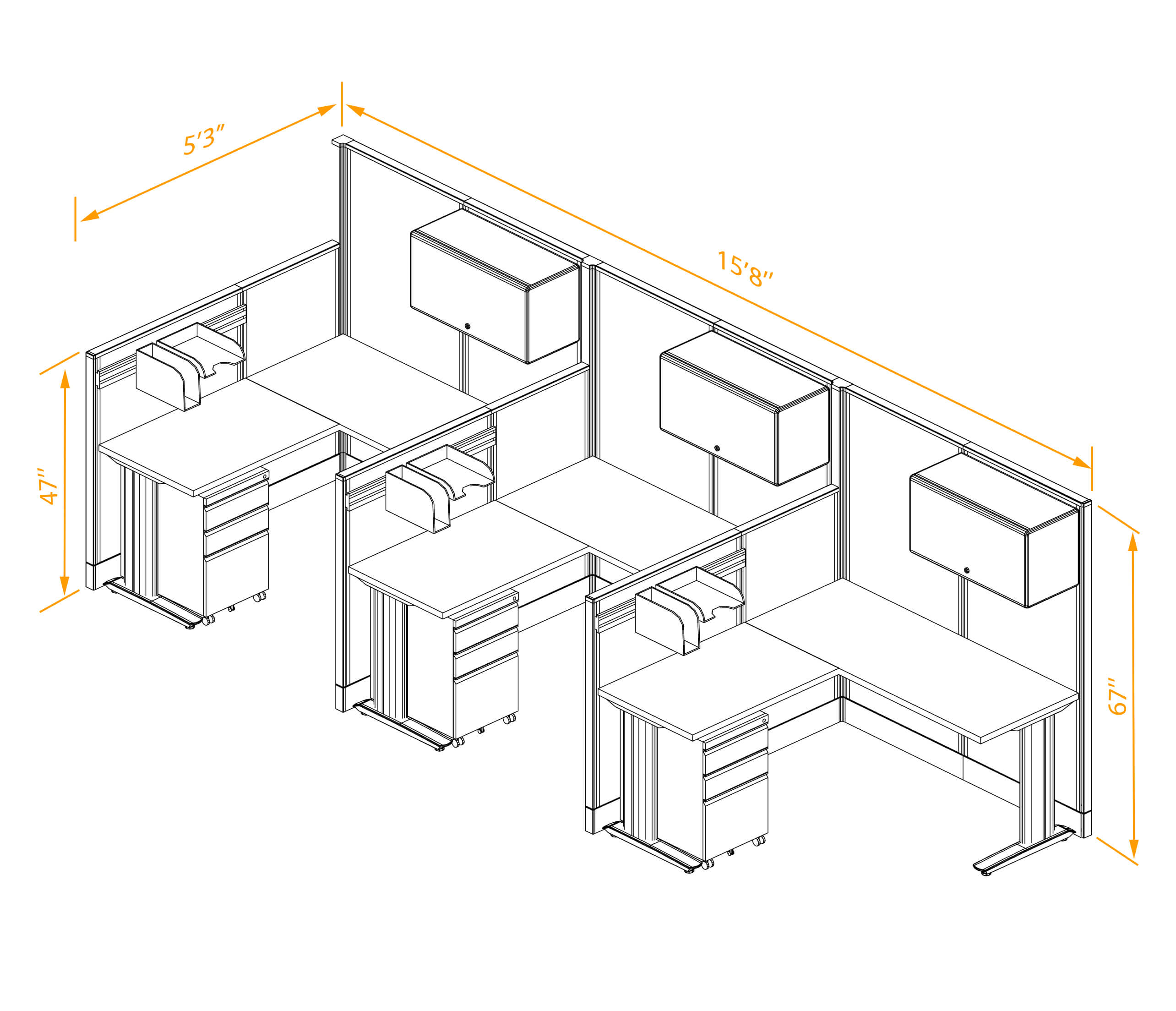 L shaped workstation 3pack inline non powered with storage dimensions