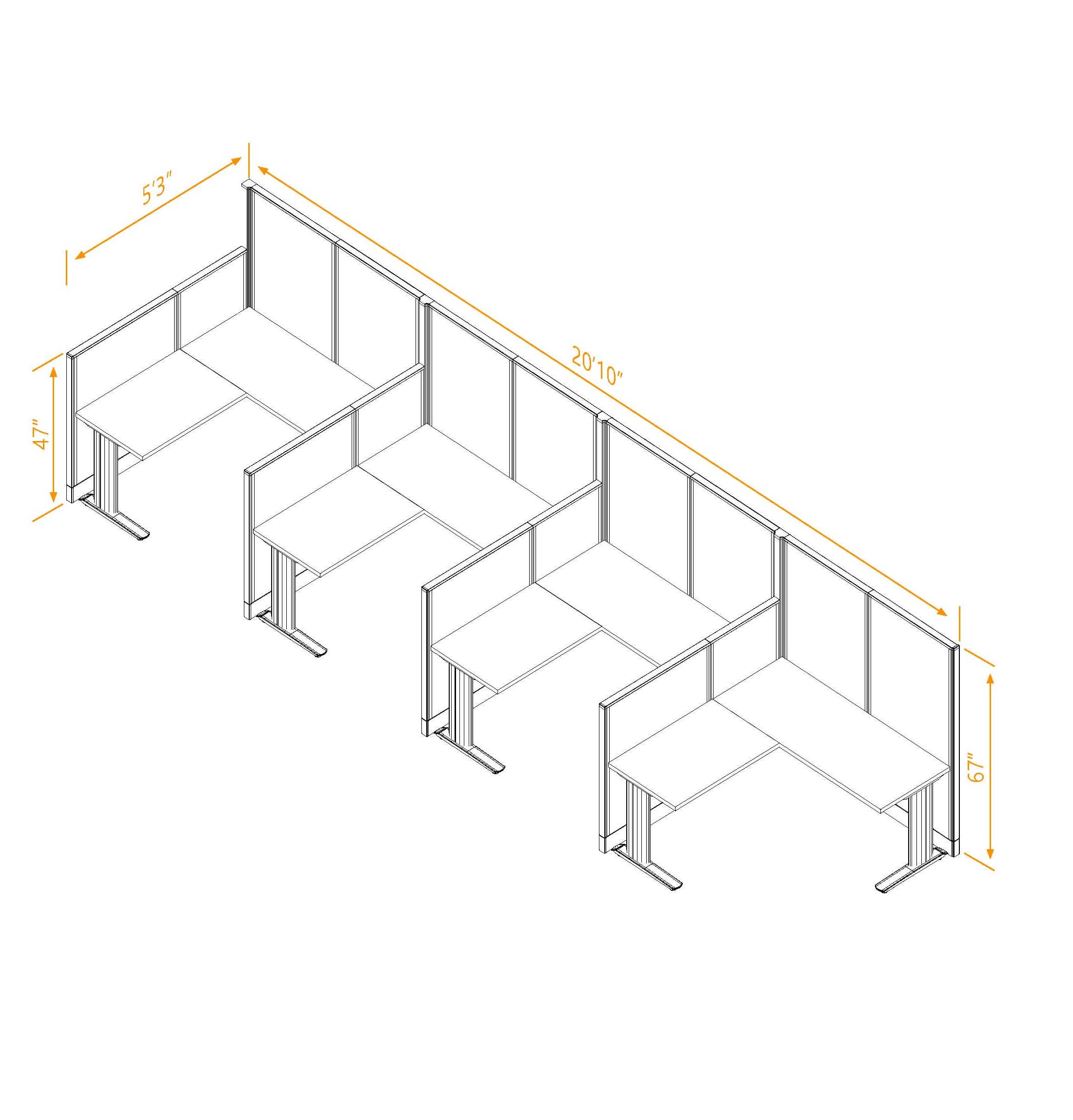 L shaped workstation 4pack inline non powered dimensions