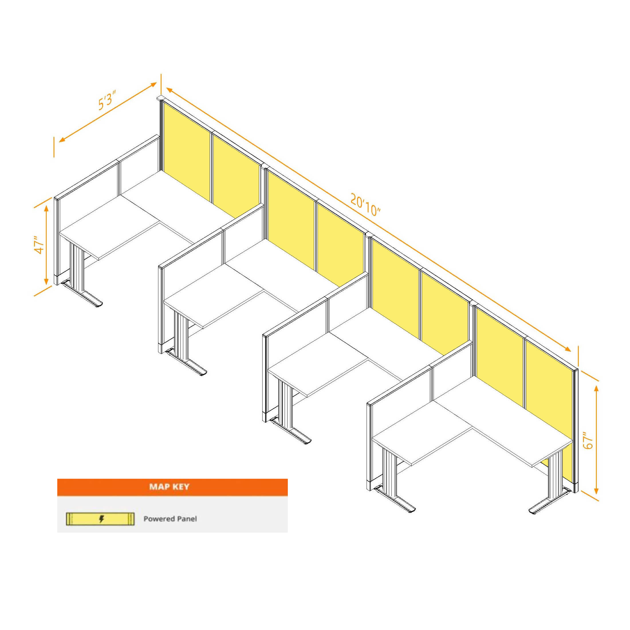 L shaped workstation 4pack inline powered dimensions
