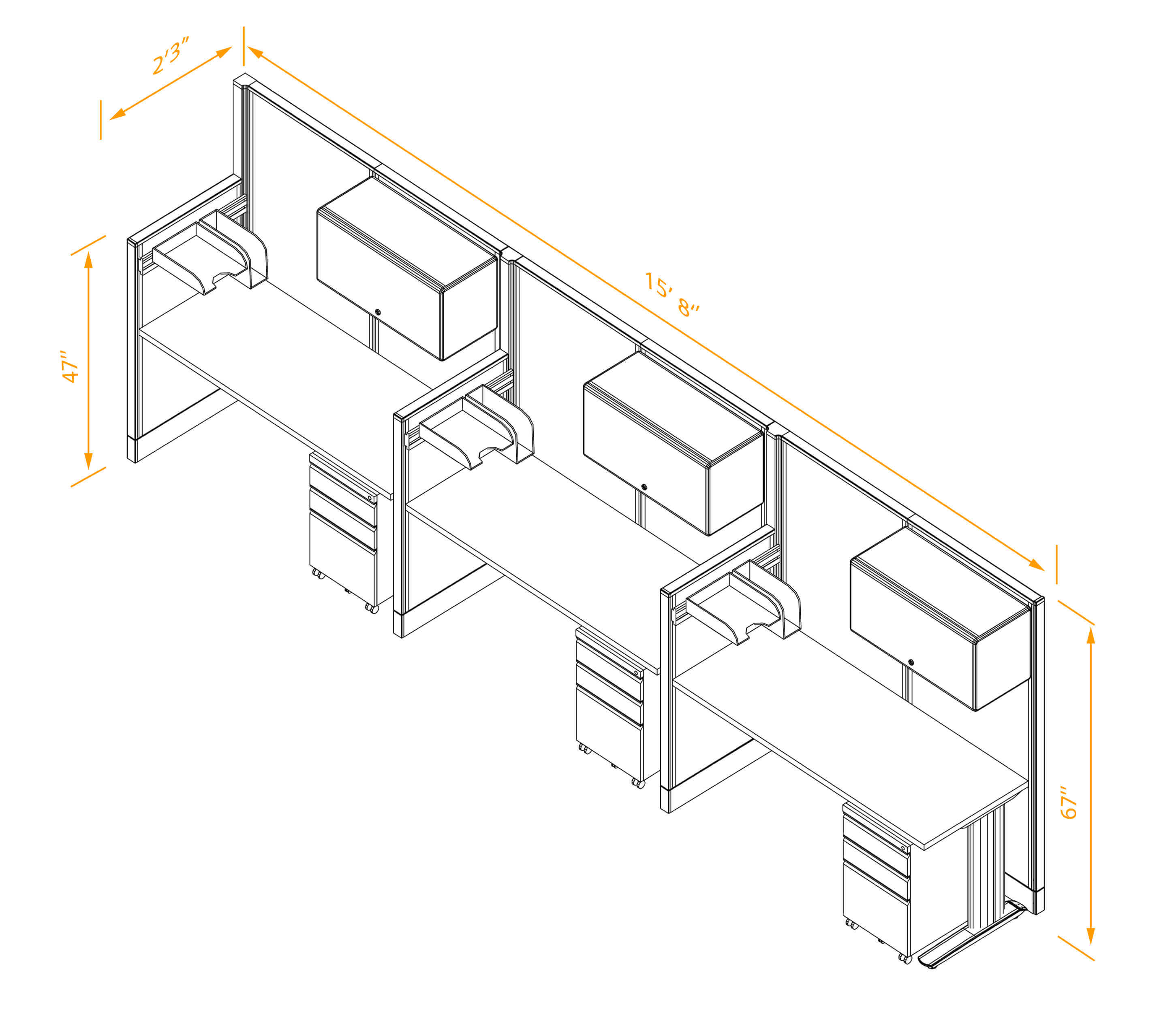 Straight workstation 3pack inline non powered with storage dimensions