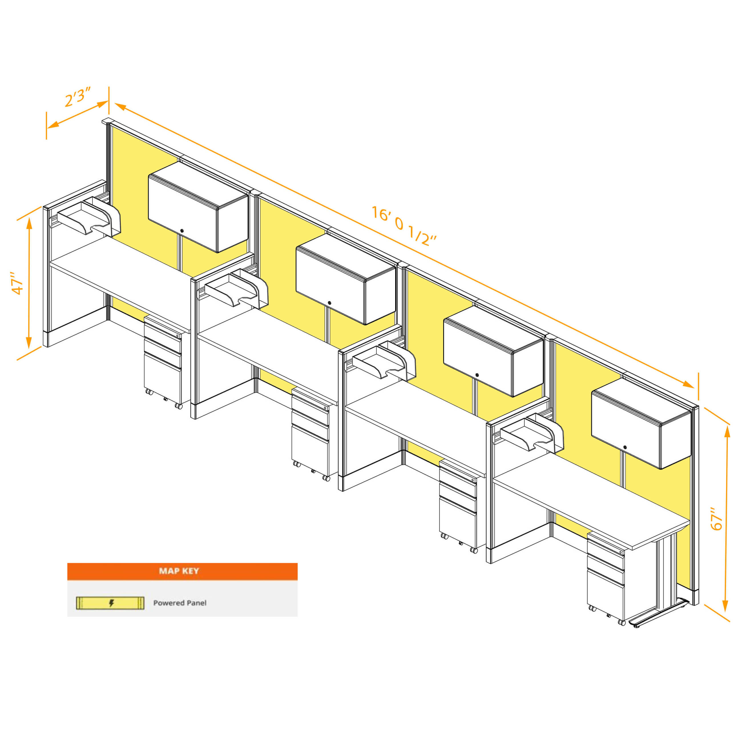 Straight workstation 4pack inline powered with storage dimensions