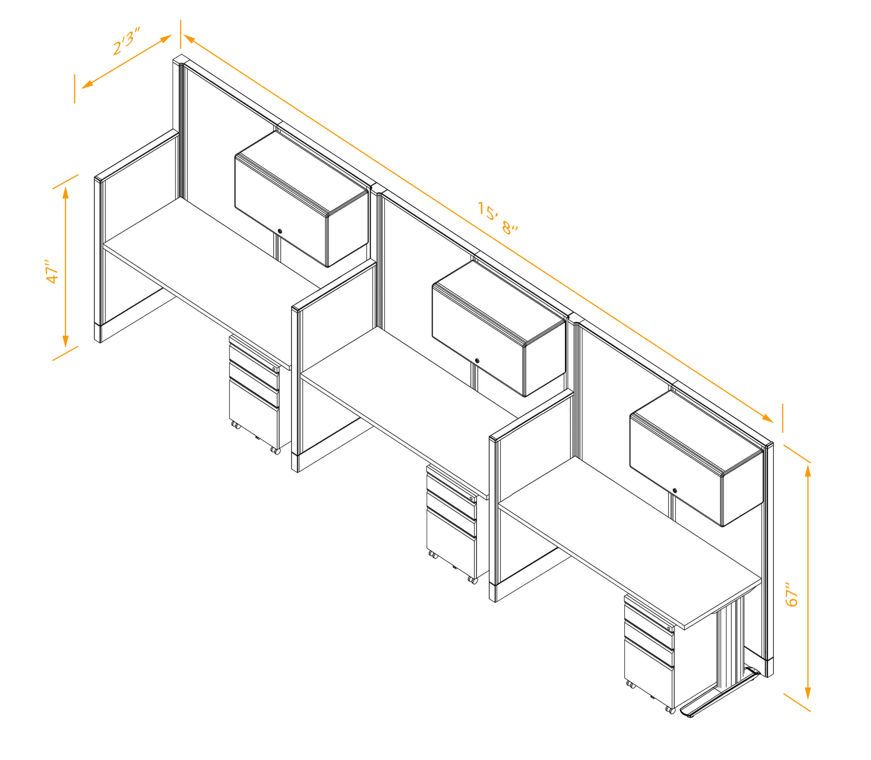 Straight workstations 3pack inline non powered with storage dimensions