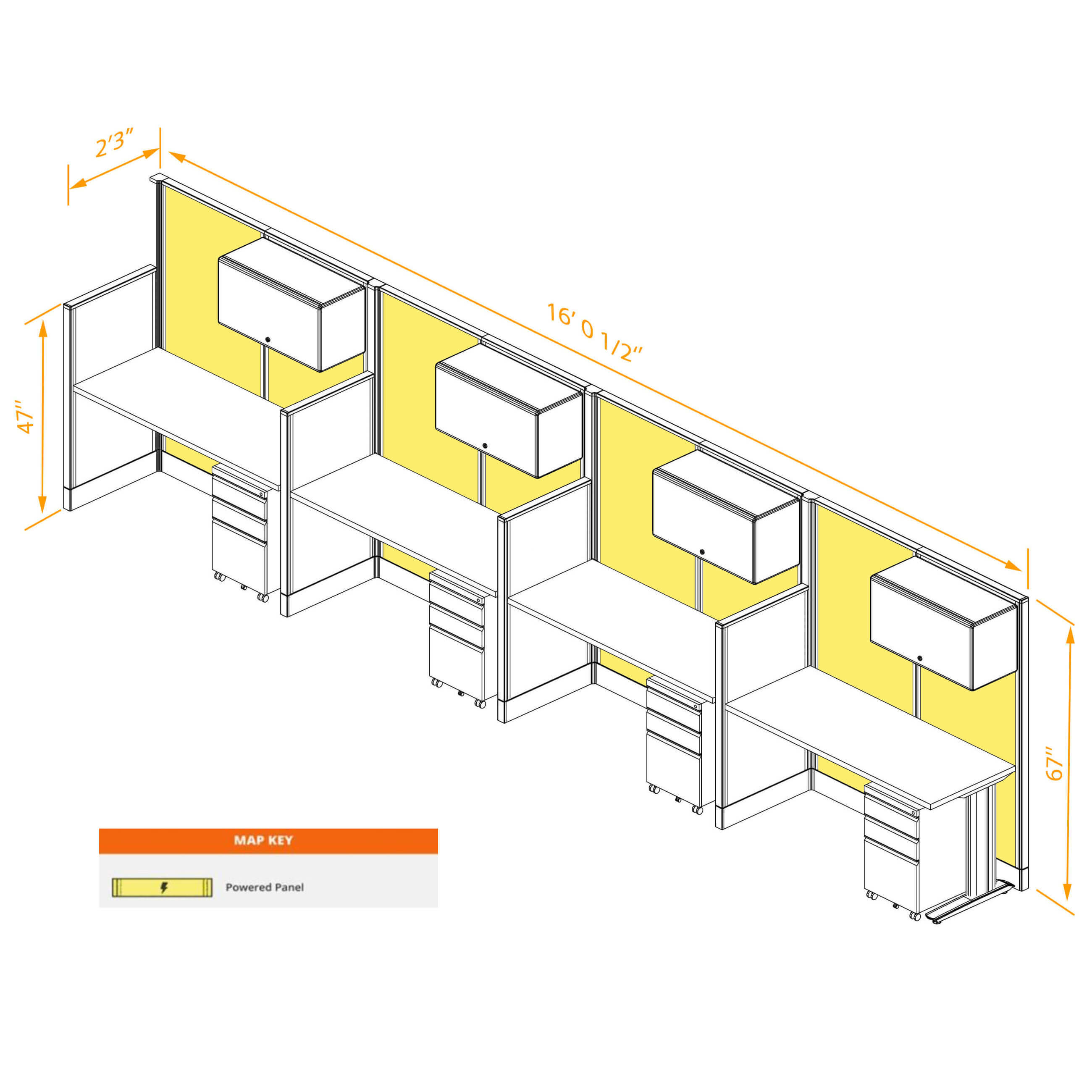 Straight workstations 4pack inline powered with storage dimensions