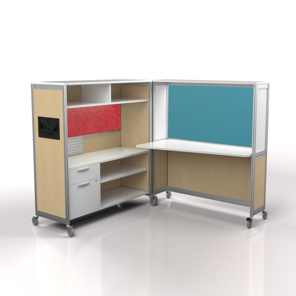 Desk on wheels hardrock maple light blue red