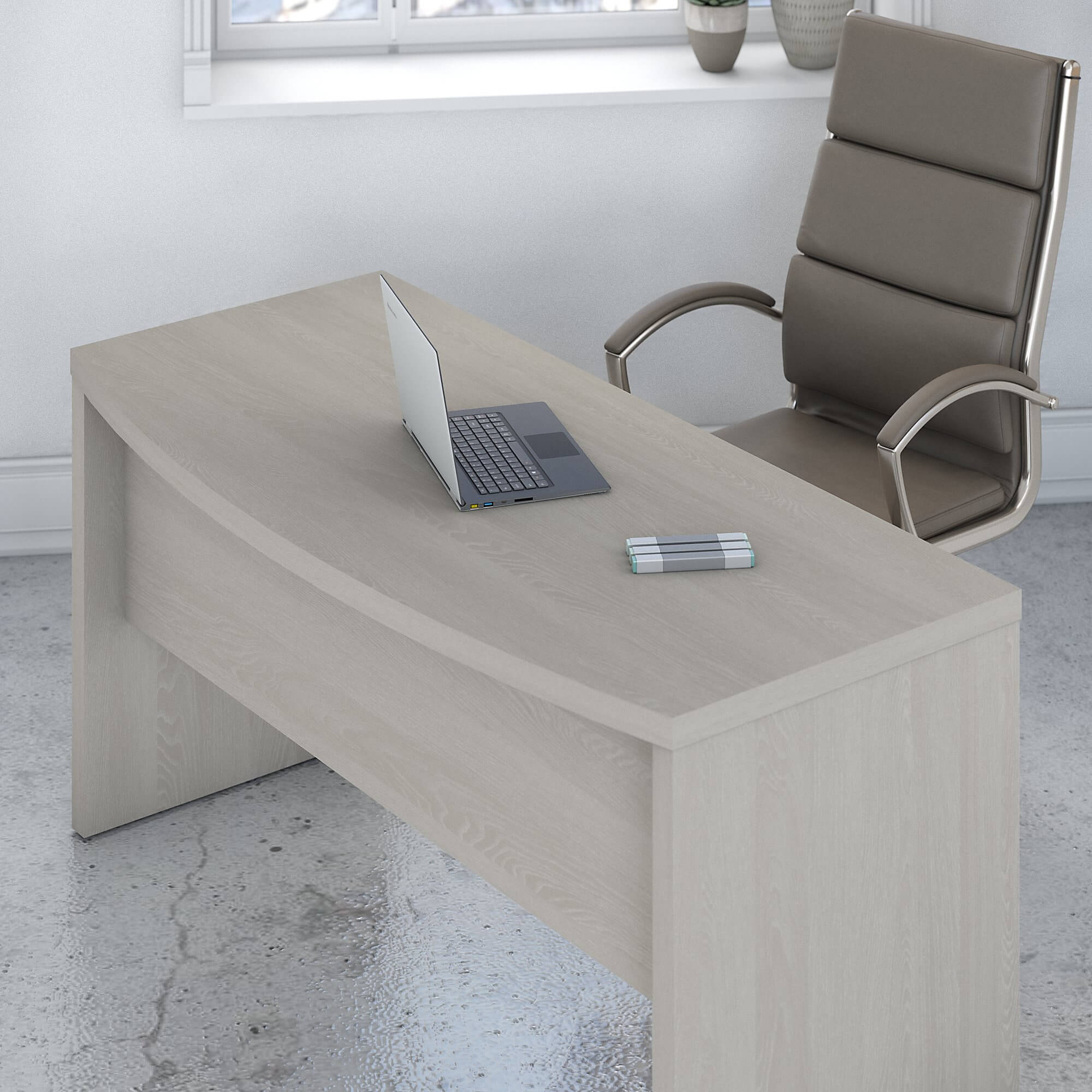 Grey wood office desk desk and chair