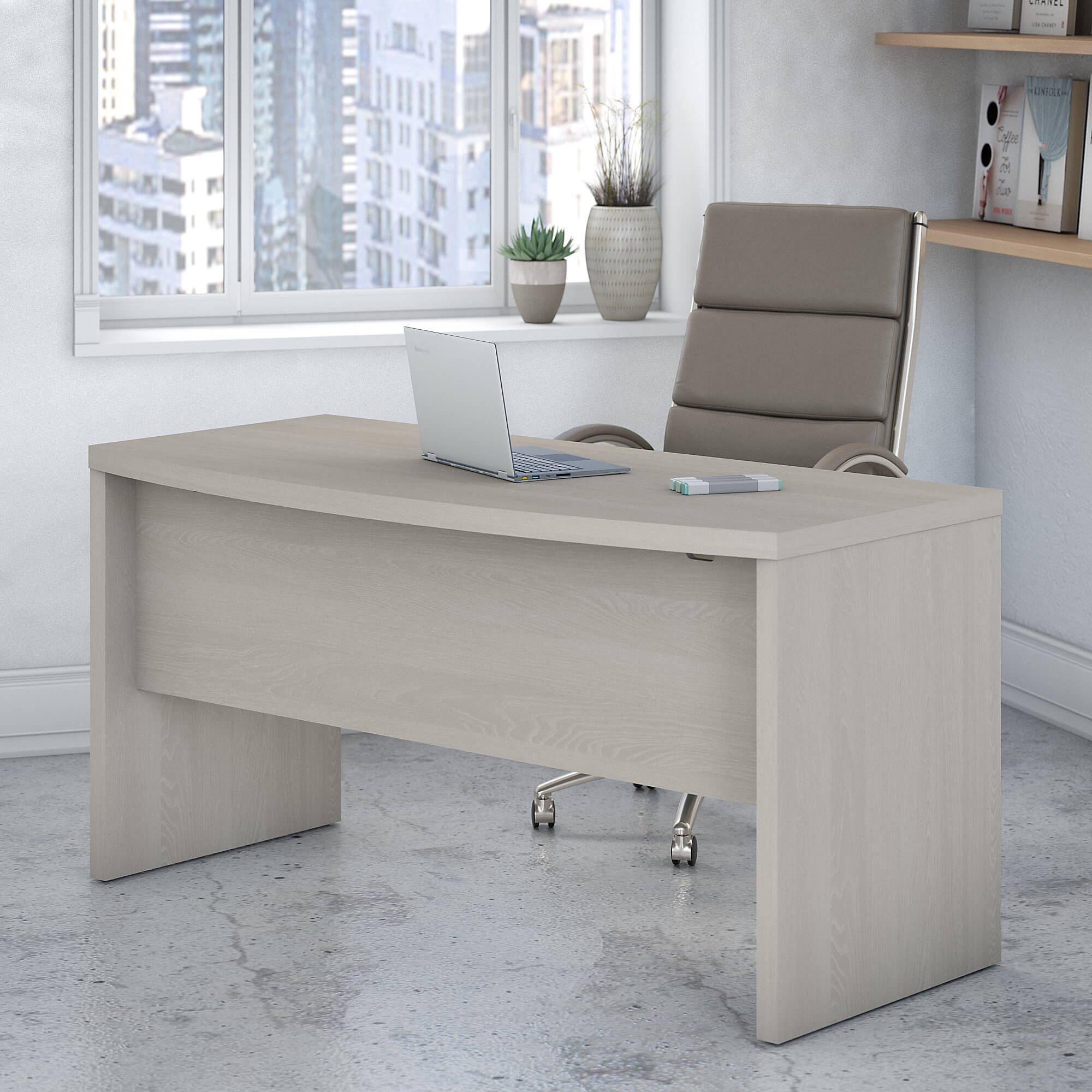 Grey wood office desk overview