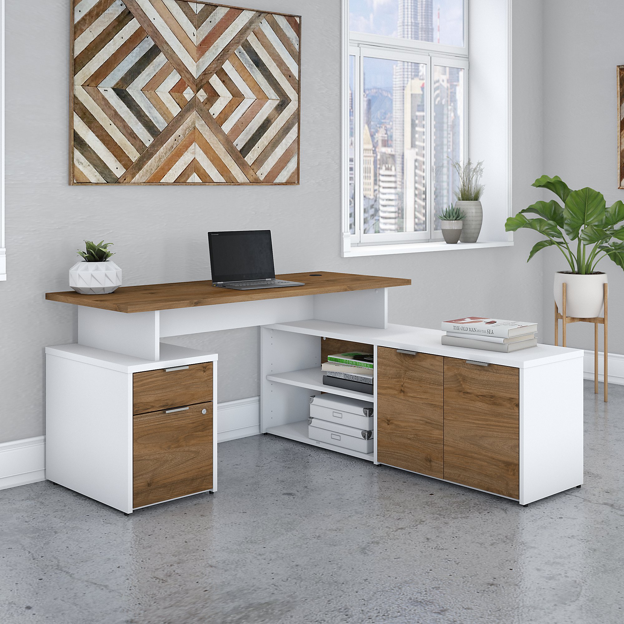 Home office furniture l shaped desk 2 drawers and cabinet environmental