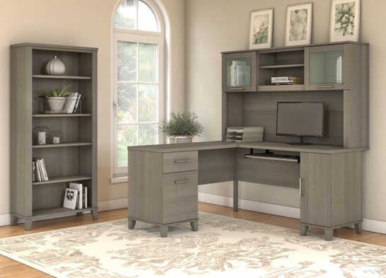 L shaped computer desk with 5 shelf bookcase 60W space view ash gray