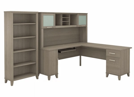 L shaped computer desk with 5 shelf bookcase 72 w highlight view ash gray