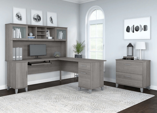 L shaped computer desk with traditional file cabinet 72 w space view platinum gray 1 L shaped computer desk with traditional file cabinet 72 w space view platinum gray 1