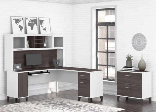 L shaped computer desk with traditional file cabinet 72 w space view storm gray white 2