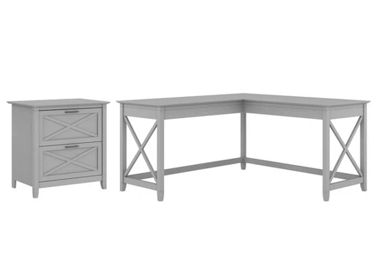 L shaped desk and file cabinet highlight cape cod gray
