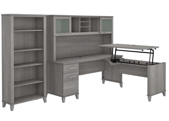 Modern office standing desk with 5 shelf bookcase highlight view platinum gray