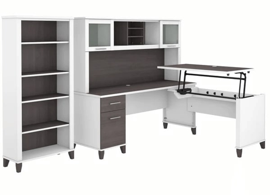 Modern office standing desk with 5 shelf bookcase highlight view storm gray white