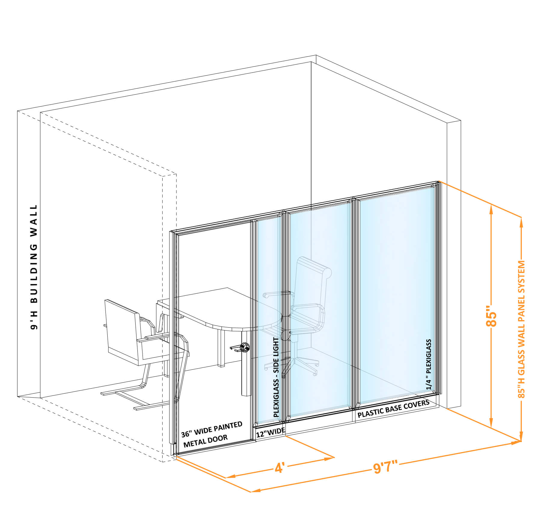Modular glass office walls GWCR I 96x850