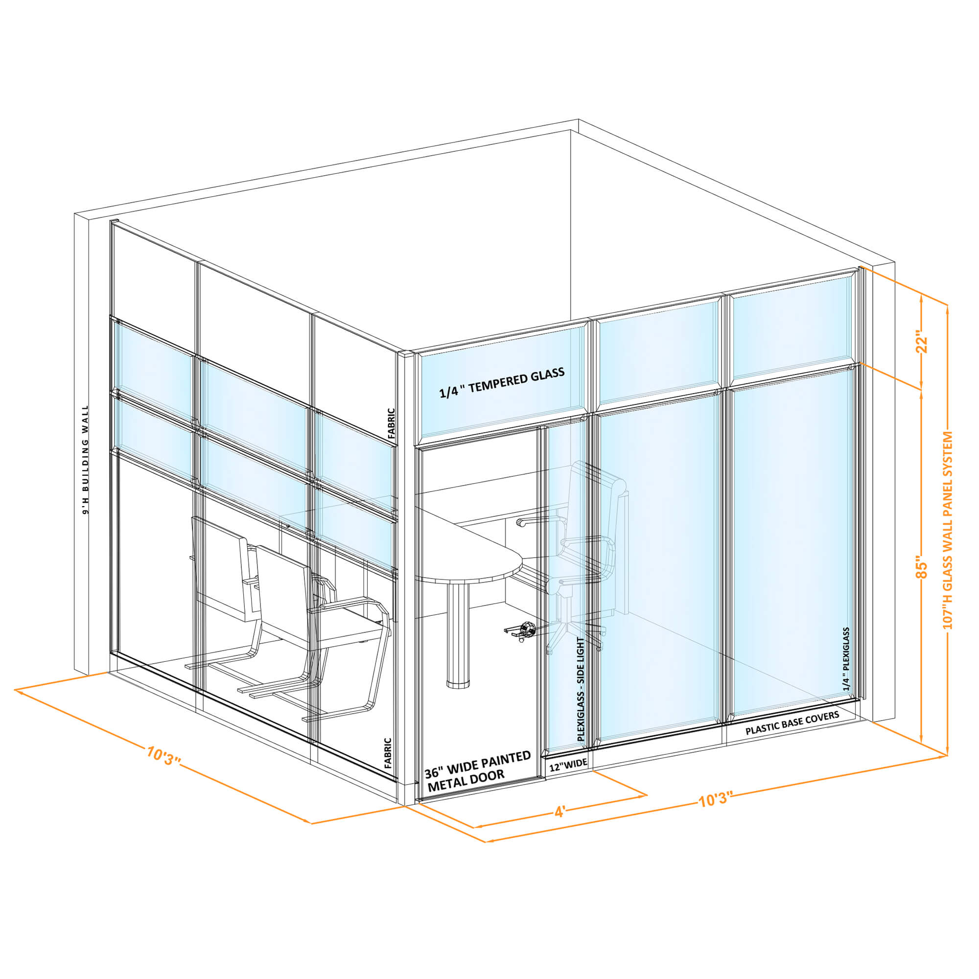 Modular glass office walls GWO L 100x100x1070