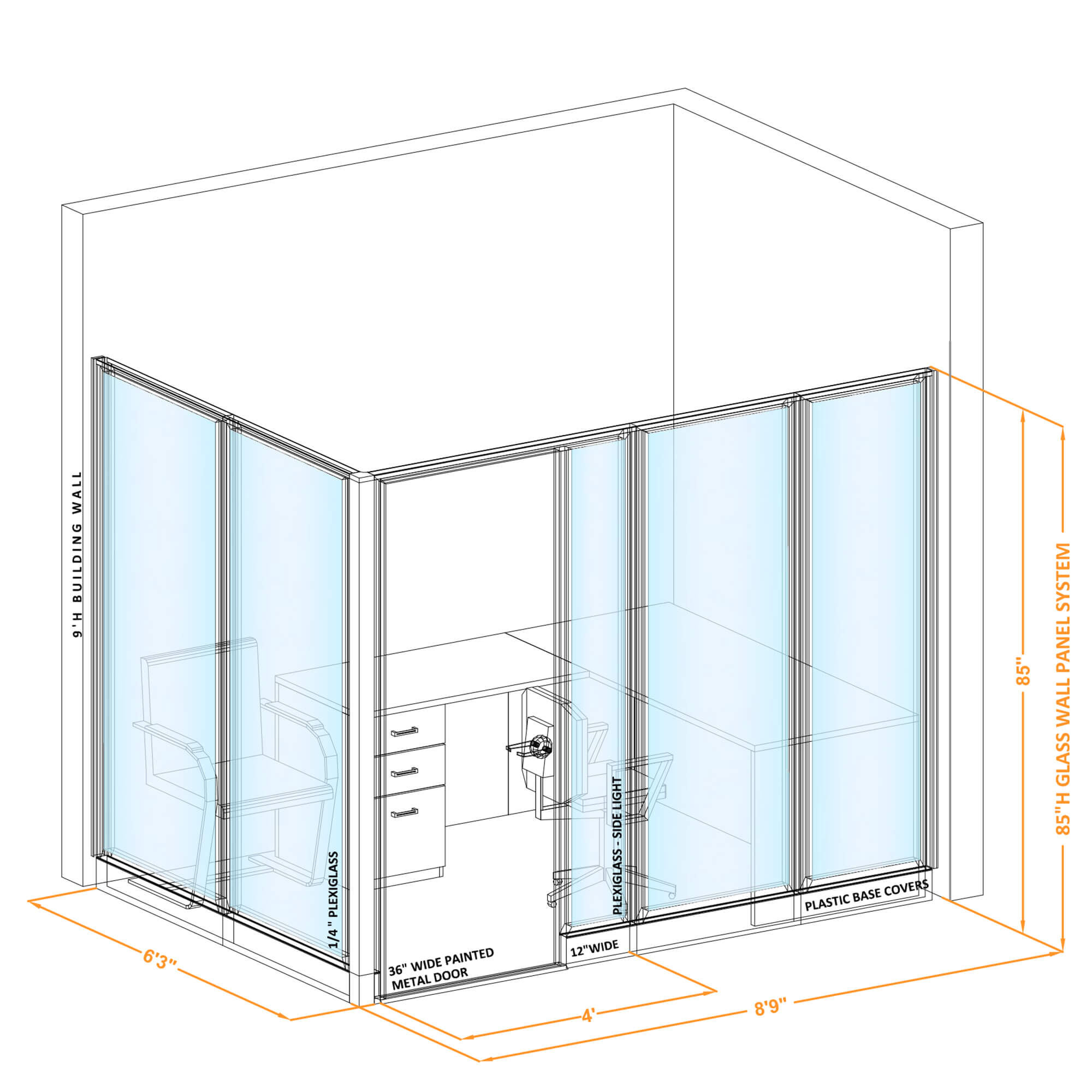 Modular glass office walls GWO L 86x60x850 1