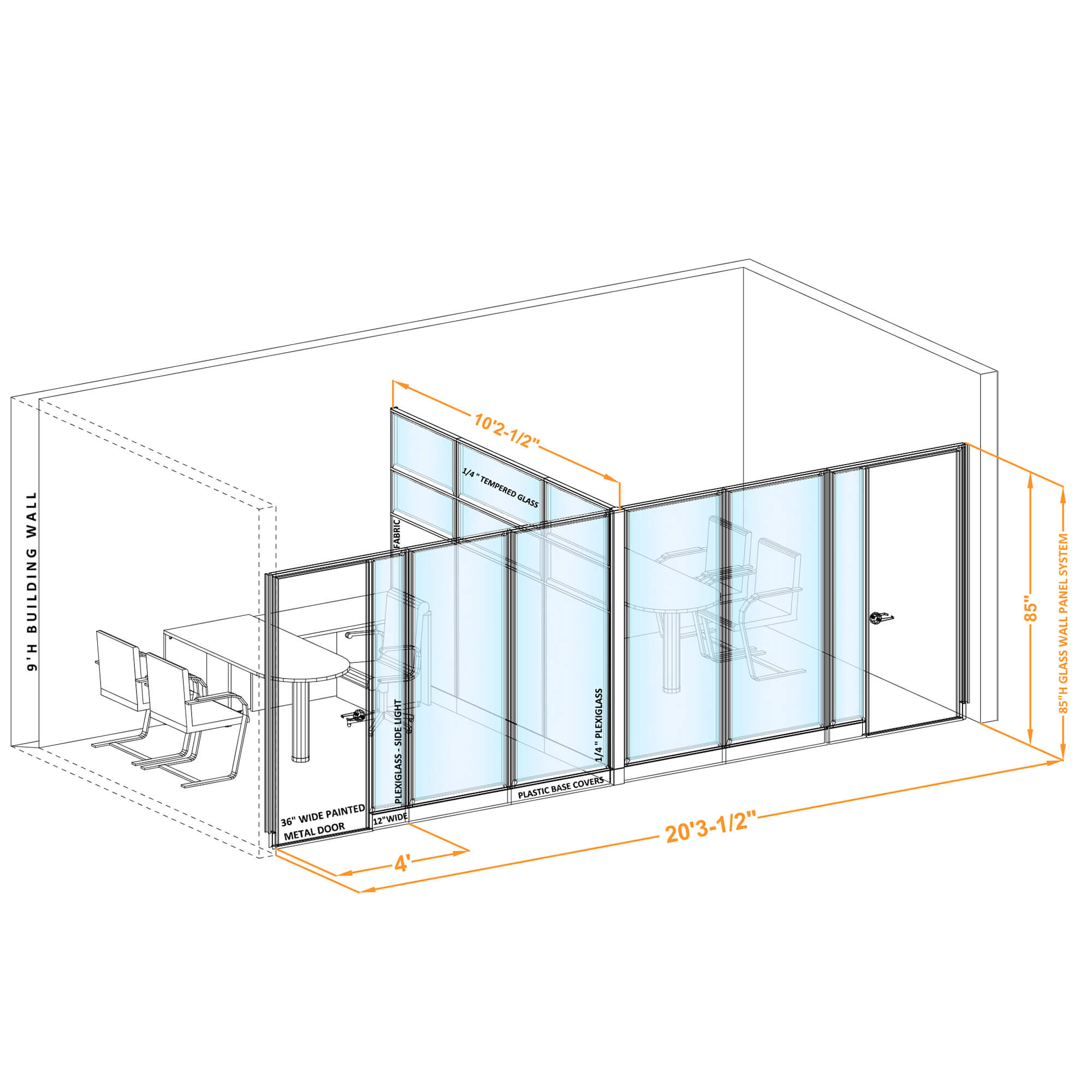 Modular glass office walls GWO T 100x100x850