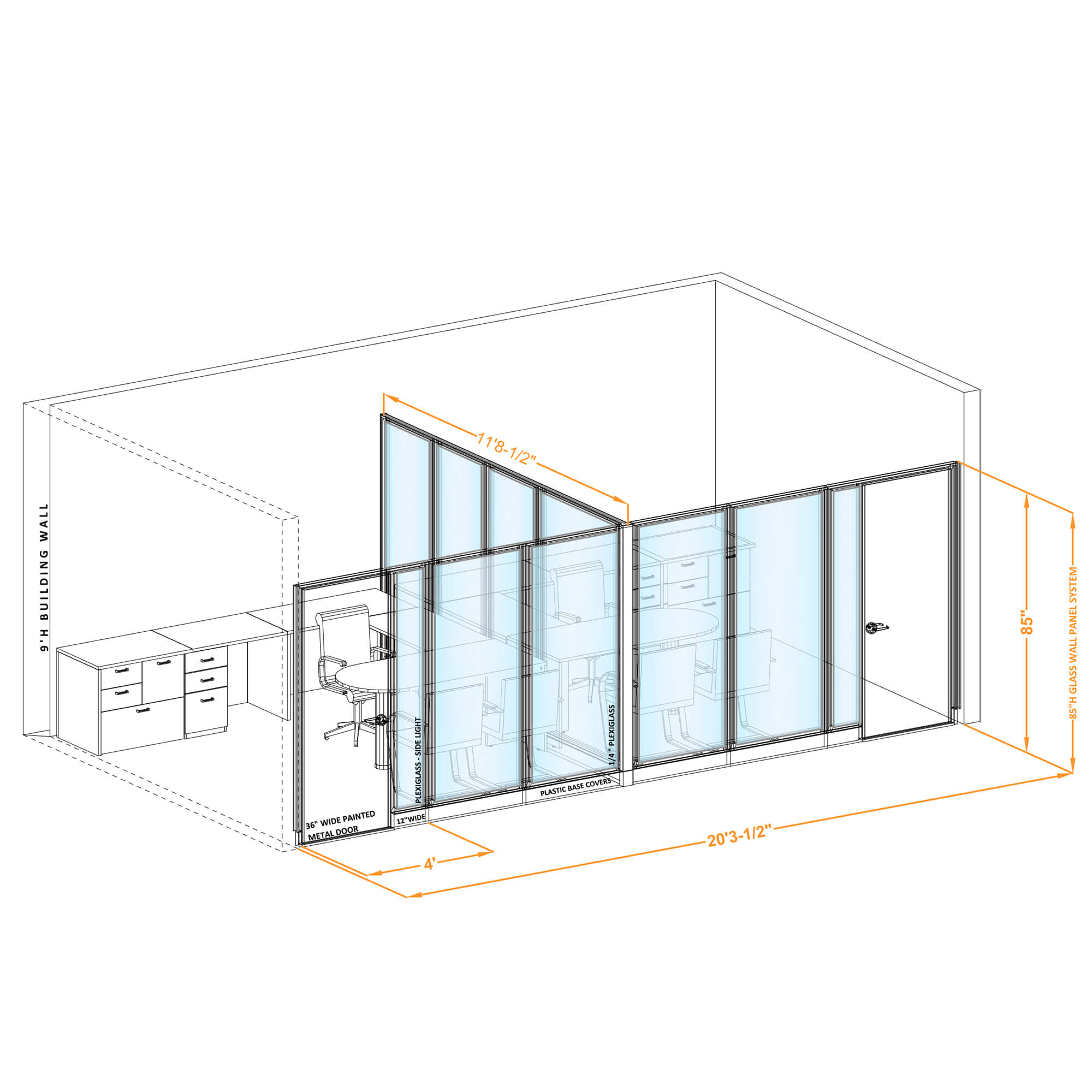 Modular glass office walls GWO T 100x116x850