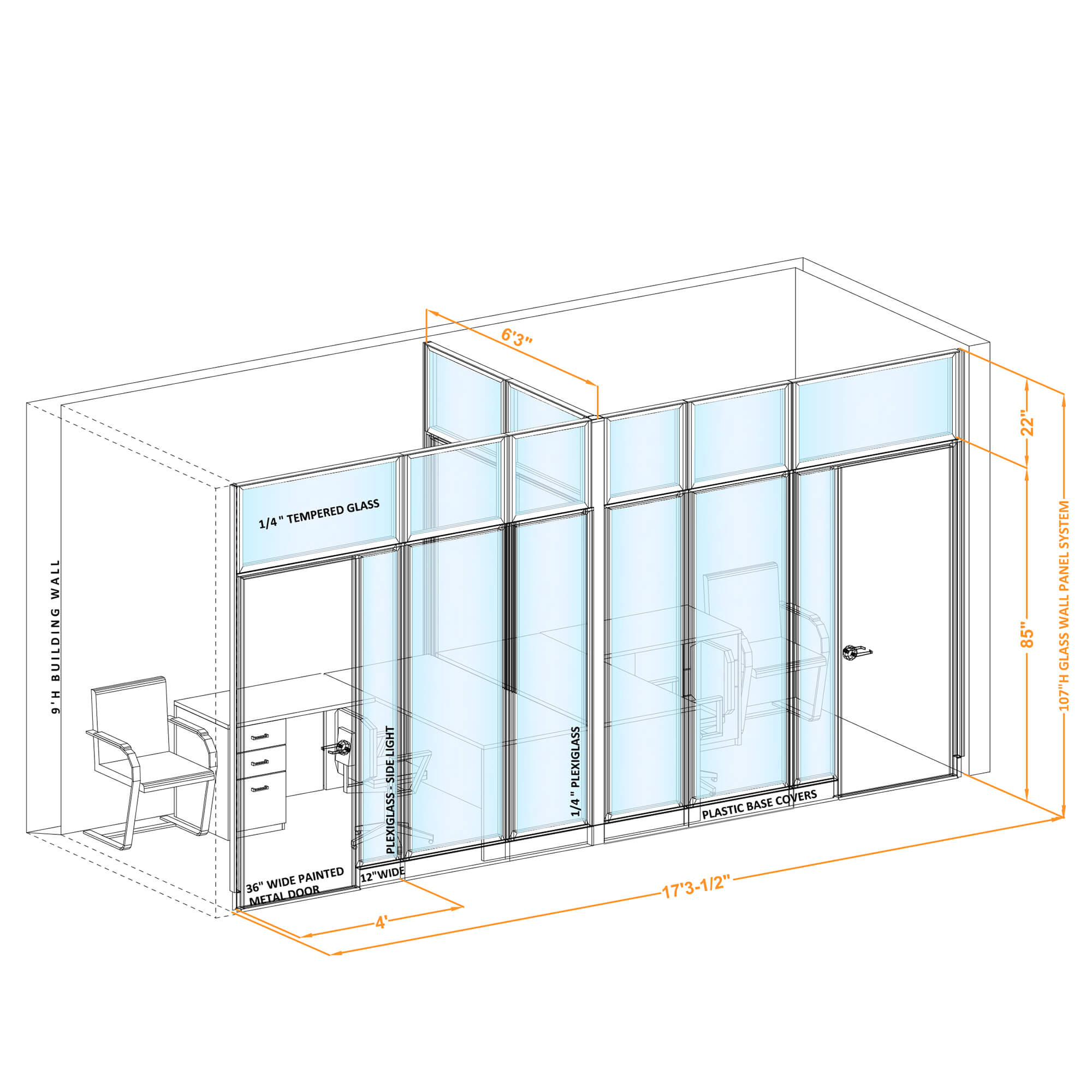 Modular glass office walls GWO T 86x60x1070