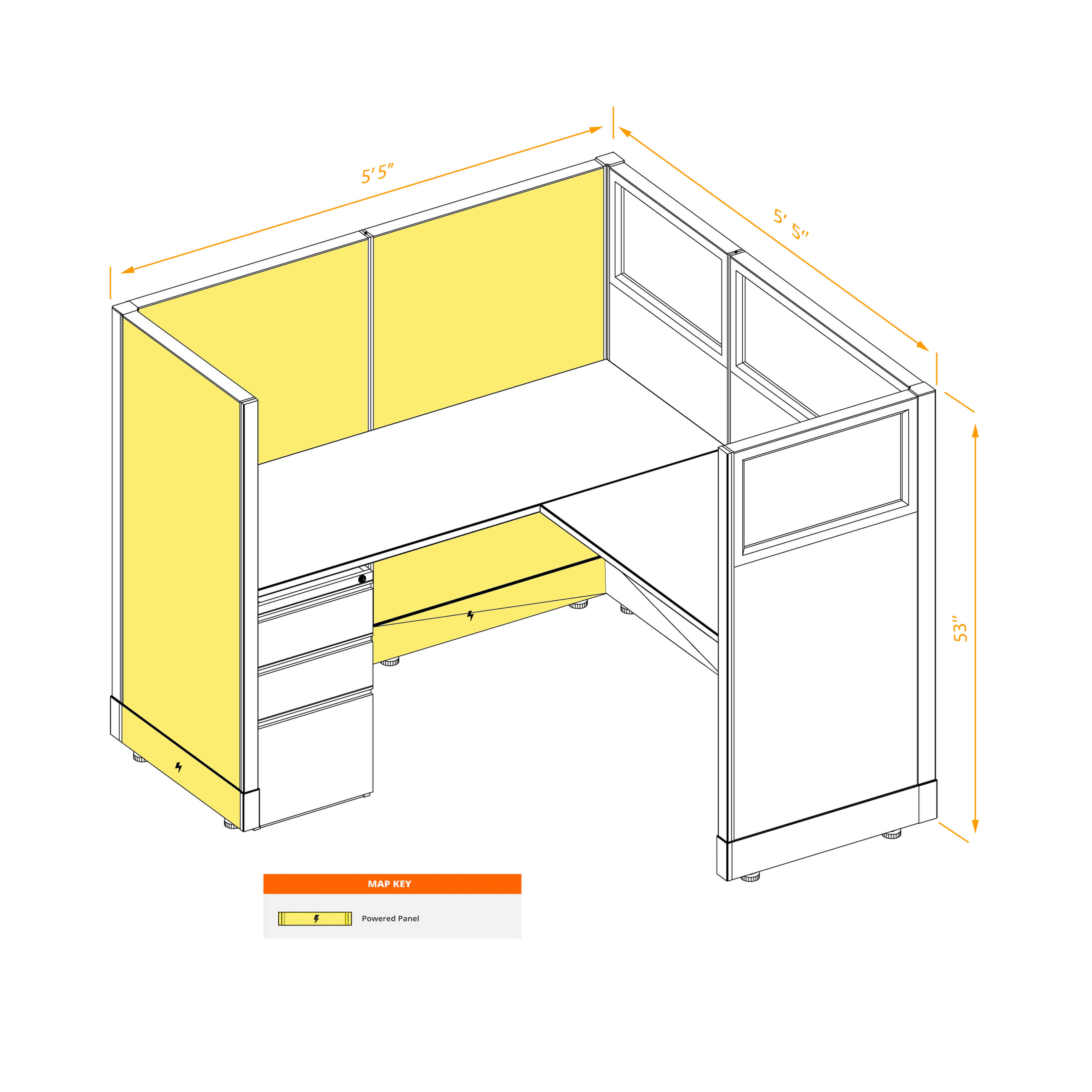 Modular furniture 53h with partial glass panels powered CUB 1 53 P 55 PGL ESP WH PSO2