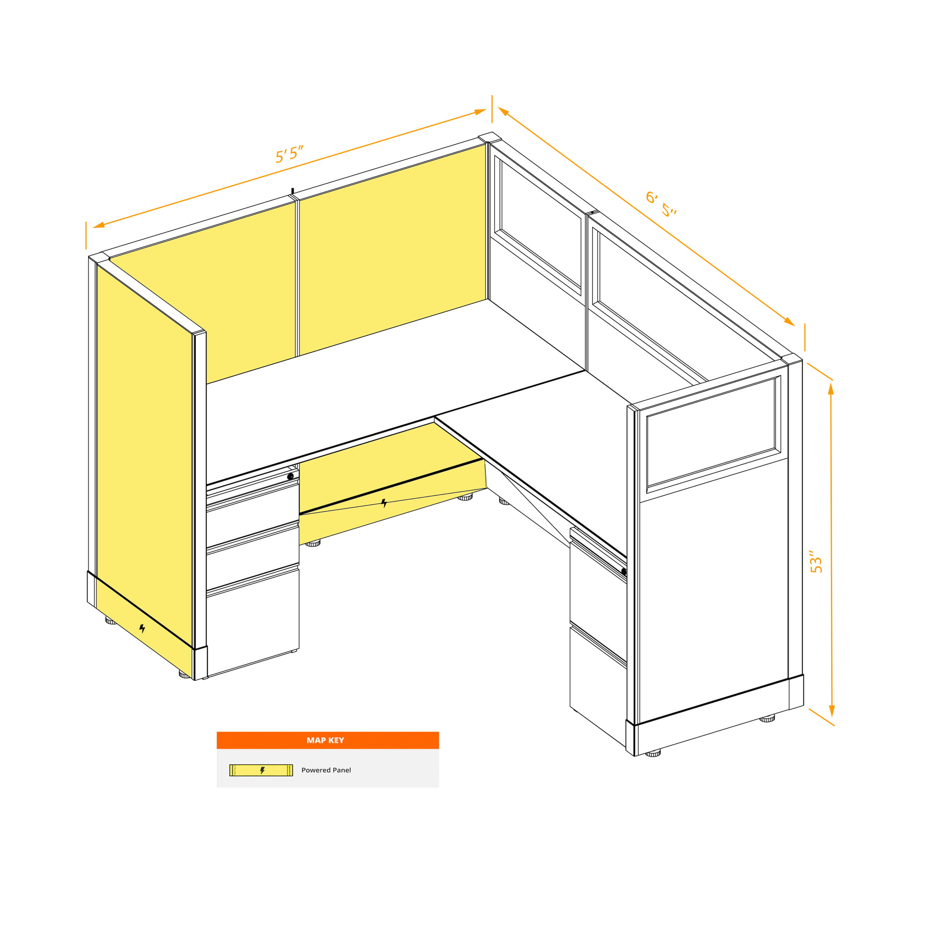 Modular furniture 53h with partial glass panels powered CUB 1 53 P 56 PGL ESP WH PSO2