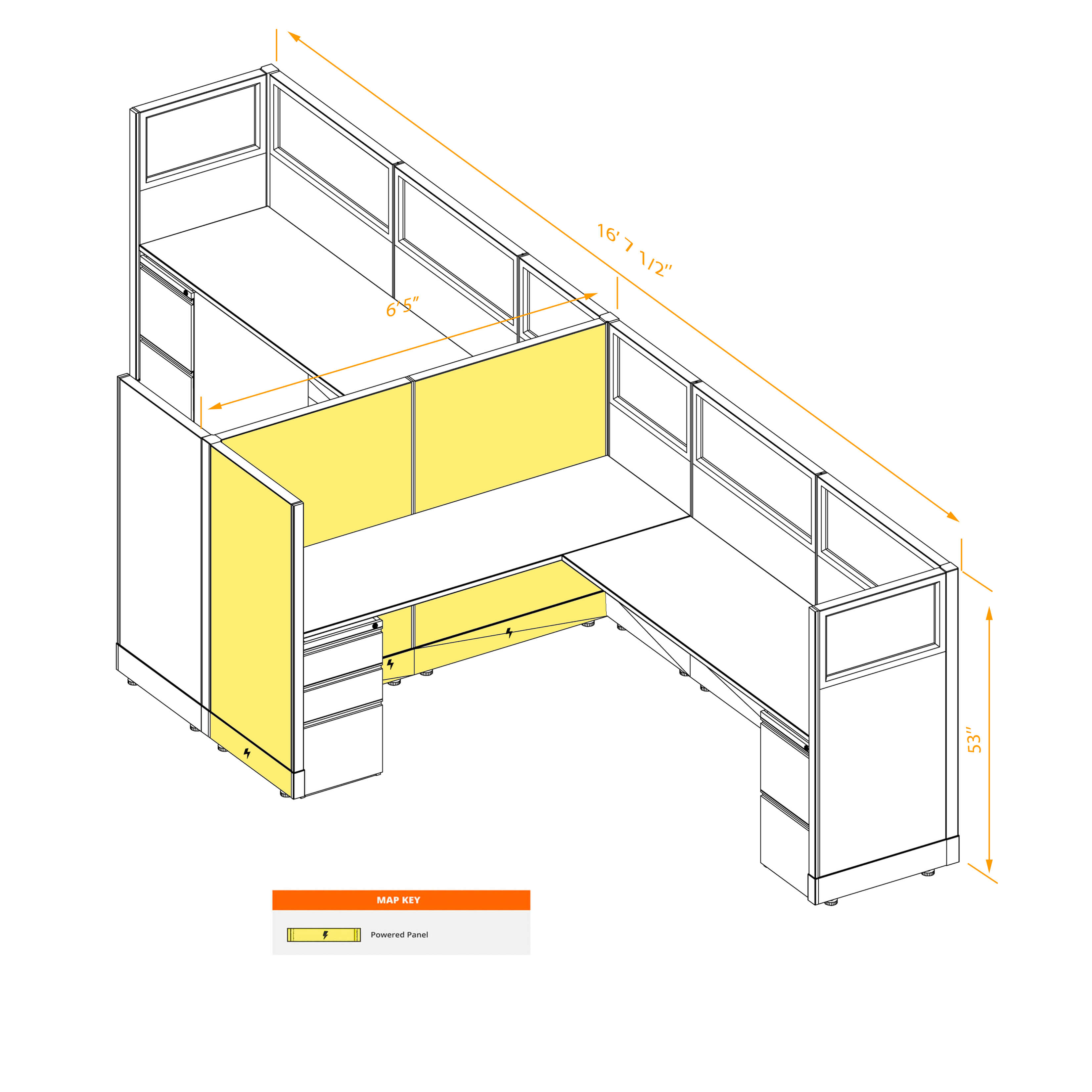 Modular furniture 53h with partial glass panels powered CUB 2C 53 P 68 PGL ESP WH PSO2