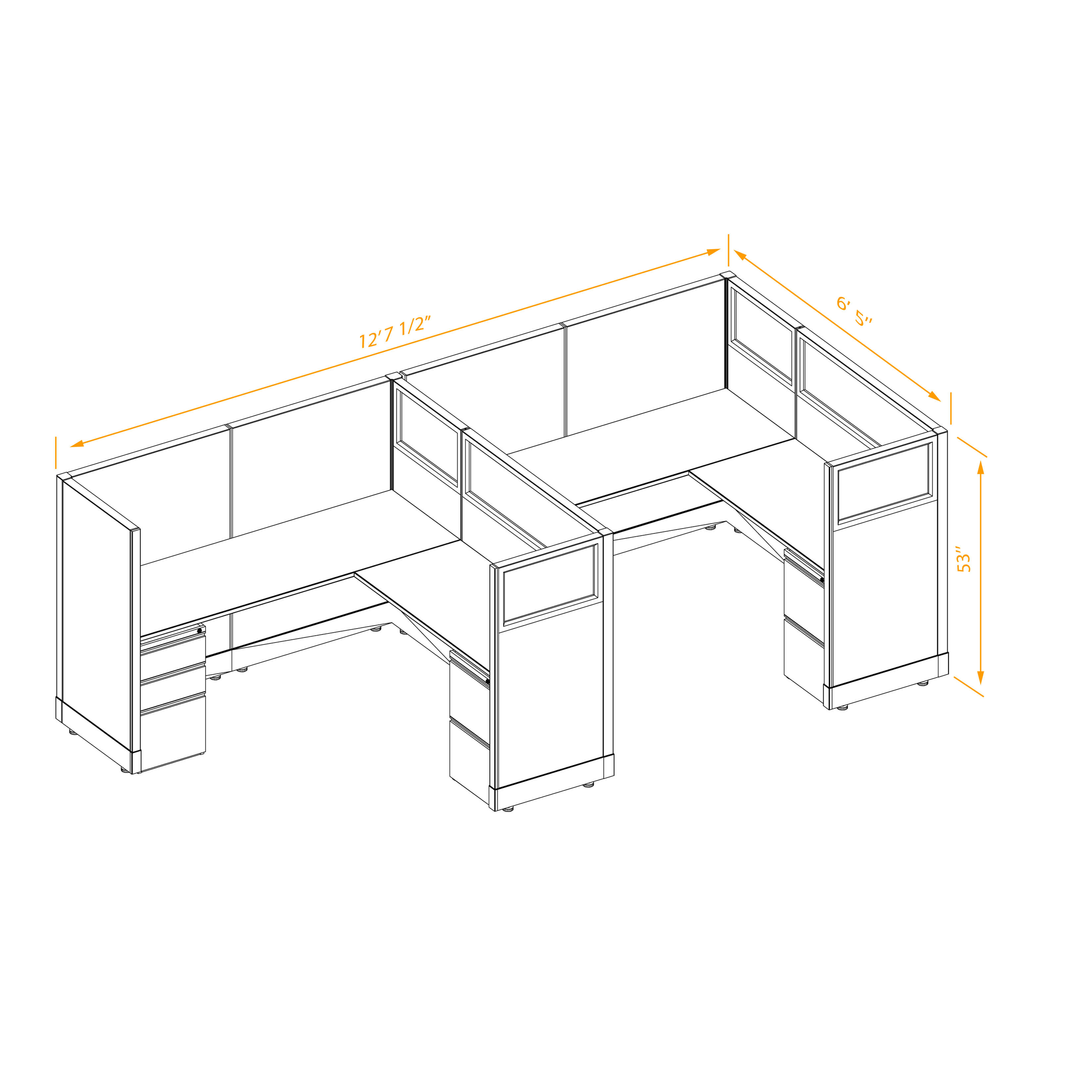 Office workstations 53h with partial glass panels unpowered CUB 2I 53 NP 66 PGL ESP WH PSO2