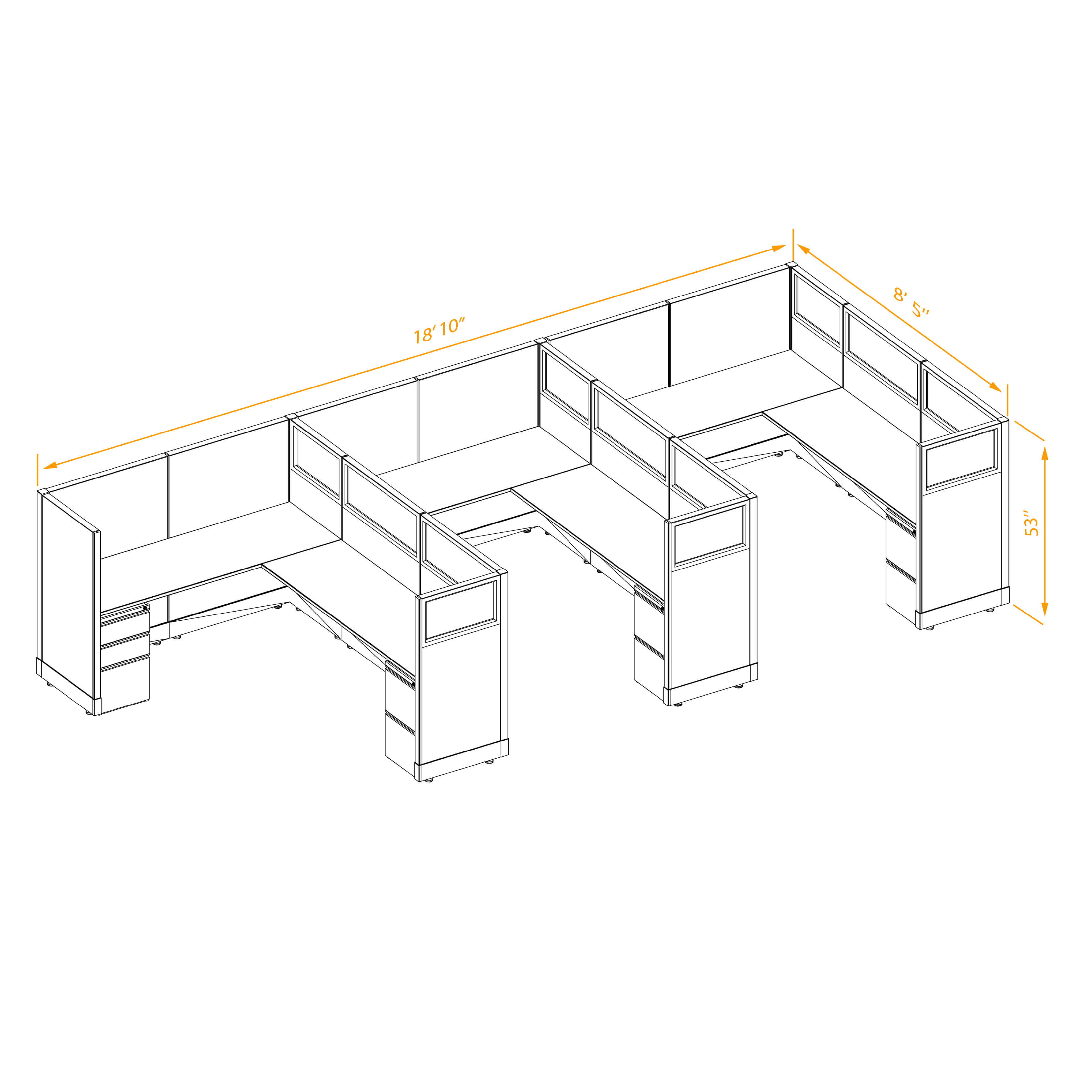 Office workstations 53h with partial glass panels unpowered CUB 3I 53 NP 68 PGL ESP WH PSO2