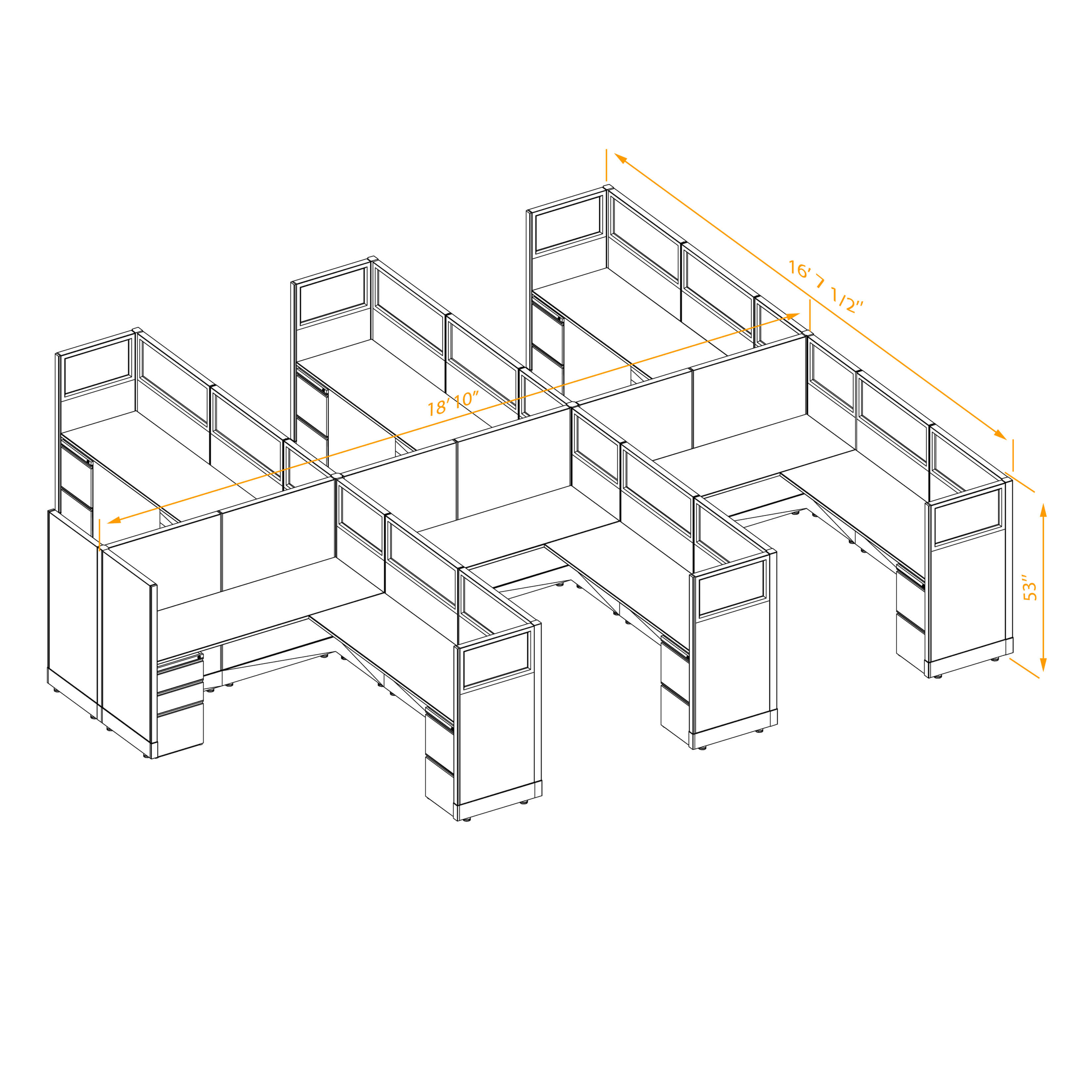 Office workstations 53h with partial glass panels unpowered CUB 6C 53 NP 68 PGL ESP WH PSO2