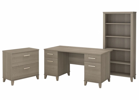 Office desk with 2 file drawers and 5 shelf bookcase highlight ash gray Office desk with 2 file drawers and 5 shelf bookcase highlight ash gray