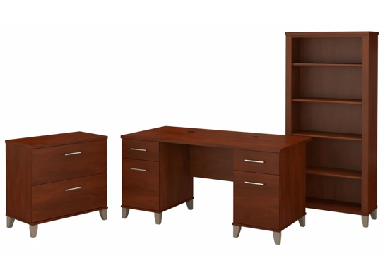 Office desk with 2 file drawers and 5 shelf bookcase highlight hansen cherry Office desk with 2 file drawers and 5 shelf bookcase highlight hansen cherry