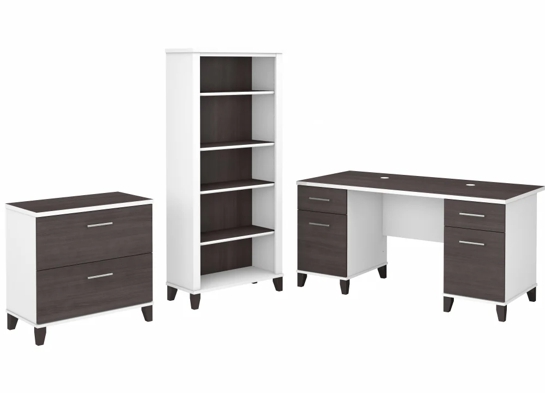 Office desk with 2 file drawers and 5 shelf bookcase highlight storm gray white Office desk with 2 file drawers and 5 shelf bookcase highlight storm gray white