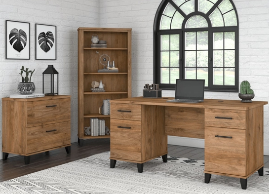 Office desk with 2 file drawers and 5 shelf bookcase space view fresh walnut Office desk with 2 file drawers and 5 shelf bookcase space view fresh walnut