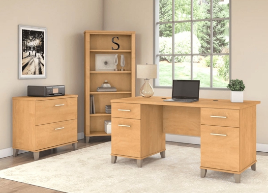 Office desk with 2 file drawers and 5 shelf bookcase space view maple cross Office desk with 2 file drawers and 5 shelf bookcase space view maple cross